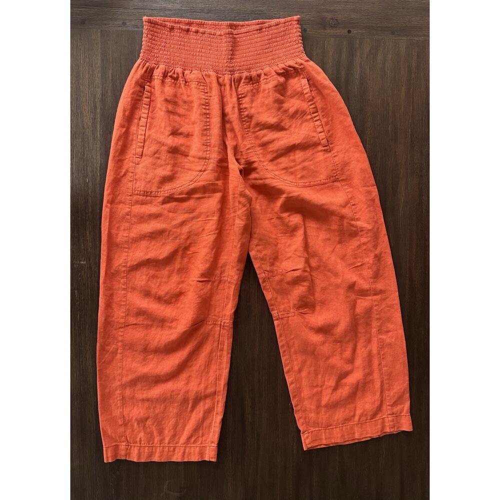 Pilcro Barrel Pants Womens XS Orange Papaya Linen Rustic Cropped Smocked Waist